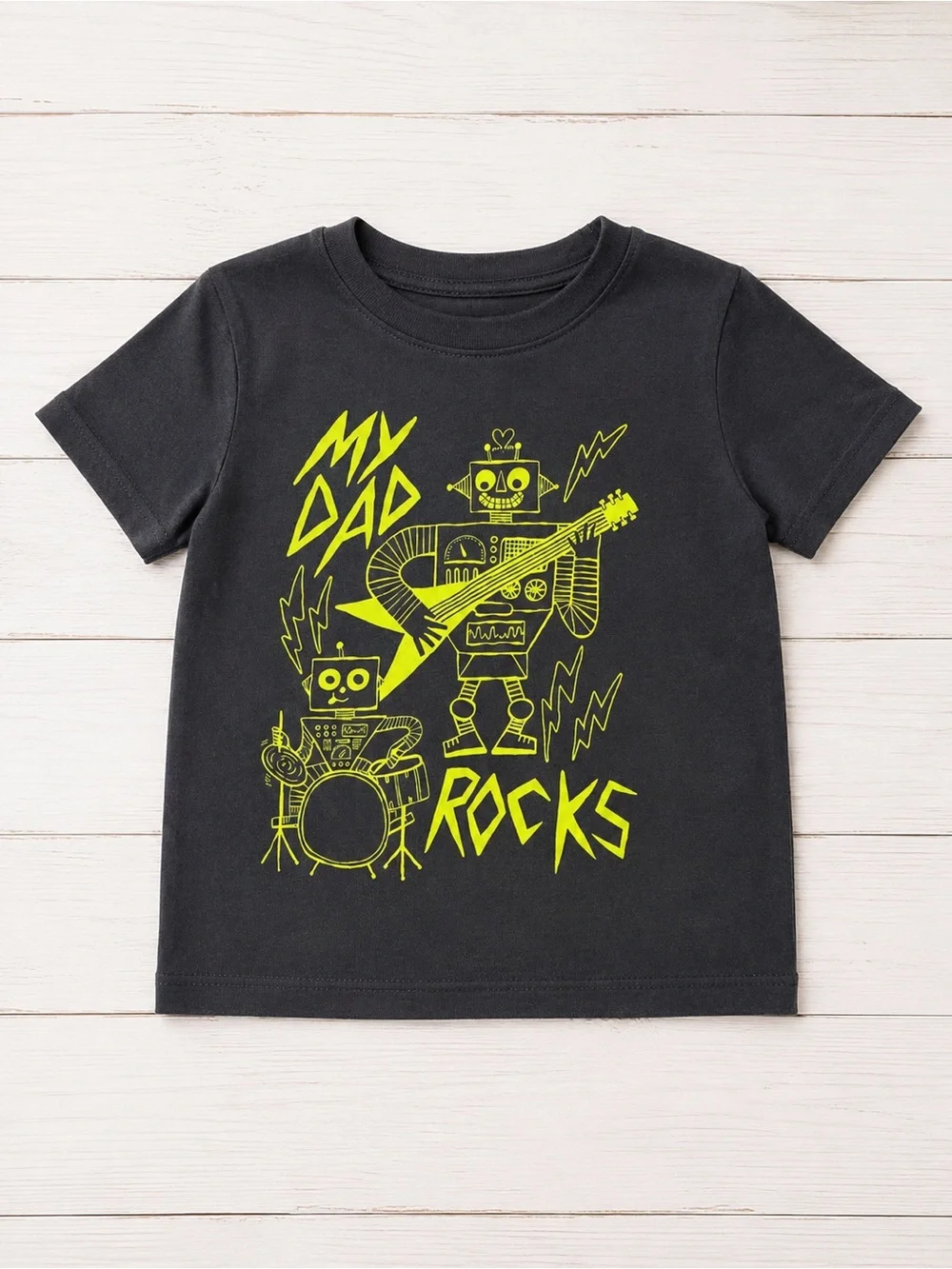 Cat & Jack Black Tee with Neon Yellow Robot 'My Dad Rocks' Graphic